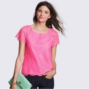 J. Crew Vibrant Pink Scalloped Lace Short Sleeve Blouse